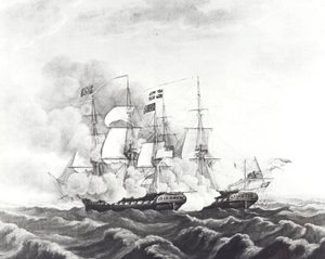 USS Constitution y HMS Guerriere (litografía) de John Ward Dunsmore