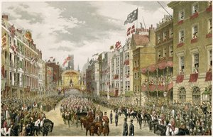 Procesión en el Strand, Temple Bar, Strand, Londres, Reino Unido (grabado en color)