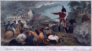 El General Graham derrotando a los franceses en la Batalla de Barrosa, grabado por J. Edwards, publicado por Almanack Stationers, 1812 de W. Hal Brooke