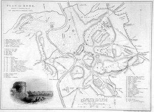 Roma, Italia: Mapa comparativo de sitios antiguos y modernos, c.1850 de W Hughes