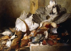 Una naturaleza muerta de aves muertas; una garza colgando de una pared, pato, faisán, perdiz, becada, un cisne y una paloma con una liebre, 1845 de W. Oakes