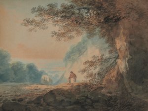 Paisaje, árbol en primer plano derecho carro y figuras de mujer y niño de W Payne