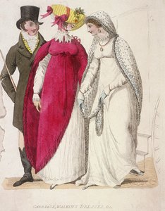 Dos mujeres con vestidos de paseo acompañadas por un hombre, c1810