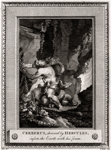 Cerbero, encadenado por Hércules, infecta la Tierra con su espuma, 1774 de W. Walker