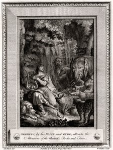 Orfeo, con su voz y lira, atrae la atención de los animales, rocas y árboles, 1774 de W. Walker