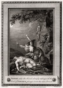 Tisbe toma la espada ya empapada con la sangre de Píramo, la hunde..., 1775
