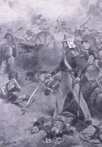 Chilianwala, 13 de enero de 1849: El cuerpo de Pennycuick custodiado por su hijo, ilustración de British Battles on Land and Sea, 1915 de Wal Paget
