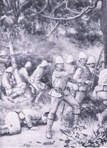 Luchando por abrir un camino a través del bosque en el camino a Coomassie, ilustración de 