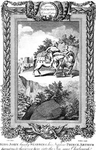 El rey Juan 1167-1216 apuñalando a su sobrino el príncipe Arturo, siglo XIX de Walker