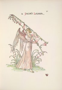 Una escalera de Jacob. Un ángel sosteniendo una escalera hecha de plantas de Walter Crane