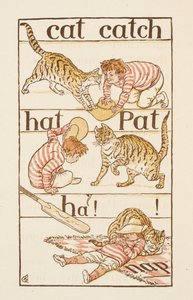Un niño juega con un gato. Ilustración en "The Golden Primer". de Walter Crane