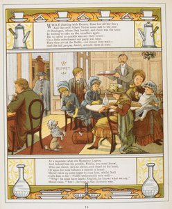 Una familia tomando un refresco en un buffet. Ilustración en color de "Abroad". de Walter Crane