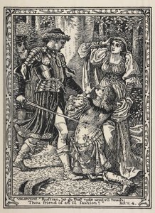Una escena de "Dos caballeros de Verona". Cuando Silvia grita, Valentín salta furioso de entre los arbustos y maldice a Proteo por su traición.