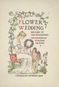 Una mujer sentada que sostiene una guirnalda; un ángel que la mira de Walter Crane