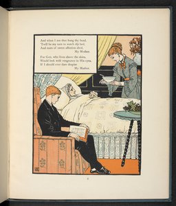 Un joven sienta a su madre, que está en cama, mientras le dan de comer sopa. de Walter Crane