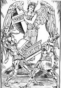 Alegoría de Walter Crane: El socialismo triunfa arduamente en la lucha entre el liberalismo y el toryismo (Partido Conservador Inglés). Grabado de finales del siglo XIX. de Walter Crane