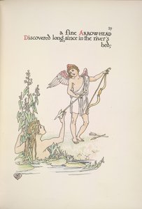 Un ángel con una flecha y una dama en un río o lago de Walter Crane