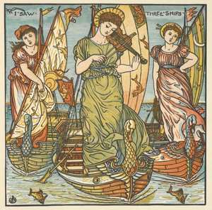 Ilustración en color de "Vi tres barcos". Tres mujeres, una de ellas tocando el violín, de pie sobre barcos. de Walter Crane