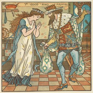 Ilustración en color para "El Rey Arturo". El rey Arturo y su reina con un saco de ingredientes para hacer un pudin de ciruelas.
