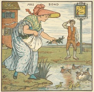 Ilustración en color para "Mrs Bond". Una mujer da de comer a unos patos en una posada. de Walter Crane