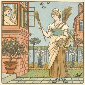 Ilustración en color para "comprar una escoba". Una joven vende escobas. de Walter Crane
