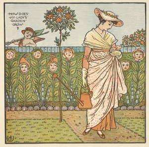 Ilustración en color para "El jardín de mi señora". Una joven de pie, con una regadera en la mano, en un jardín. de Walter Crane