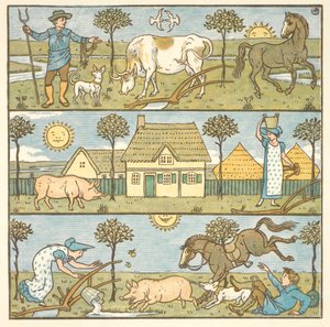 Ilustración en color para "el pequeño desastre". Un granjero, una lechera y varios animales de granja. de Walter Crane