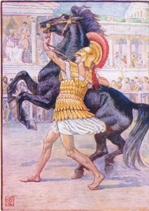 Corrió hacia el caballo y agarró las riendas, ilustración de La Historia de Grecia, años 1930 de Walter Crane