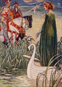 El Rey Arturo pide a la Dama del Lago la espada Excalibur, 1911 de Walter Crane