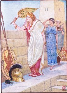 A menudo se paraba en las murallas de Troya, ilustración de La Historia de Grecia, años 1930 de Walter Crane