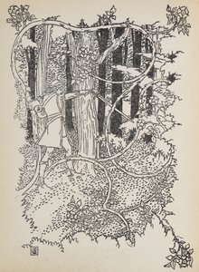 El Príncipe Encantador se abre paso a través del bosque cubierto de maleza hasta la Bella Durmiente. de Walter Crane