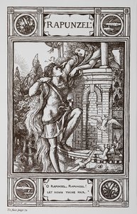 Rapunzel se asoma a la ventana de una torre mientras un príncipe trepa por su pelo. de Walter Crane