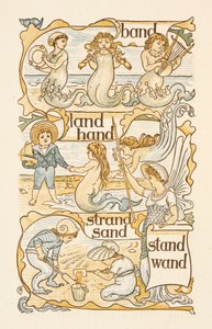 Palabras que riman y acaban en la letra D. Sirenas. Niños construyendo castillos de arena en una playa. La cartilla dorada. de Walter Crane