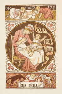 Palabras rimadas que terminan en la letra P. Una ilustración que muestra a una mujer dando de comer a un niño. La cartilla de oro. de Walter Crane