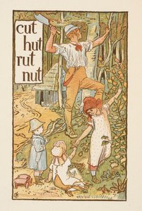 Palabras rimadas que terminan en la letra T. Una ilustración que muestra a un hombre cortando un árbol. Tres niños le acompañan. La cartilla dorada. de Walter Crane