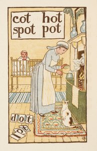 Palabras rimadas que terminan en la letra T. Una ilustración, que muestra a una enfermera hirviendo una olla para un niño enfermo. La cartilla de oro. de Walter Crane