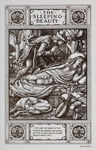 La Bella Durmiente yace dormida rodeada de un perro dormilón y un instrumento musical mientras el Príncipe Encantador vela por ella. de Walter Crane