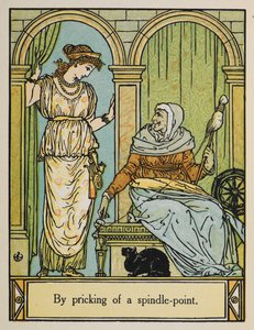 La Bella Durmiente está de pie junto a una anciana con una rueca e hilo. Un gato negro está sentado debajo. de Walter Crane