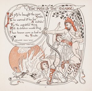 El Hombre y la Serpiente, ilustración de Fábulas de Esopo, pub. 1887