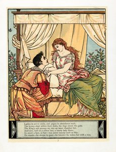 El príncipe despierta a la bella, del libro de imágenes de Barba Azul, pub. 1879 litografía en color, 1879 de Walter Crane