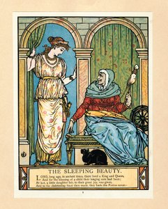 La princesa aprende a hilar, del libro de imágenes de Barba Azul, pub. 1879 litografía en color, 1879 de Walter Crane