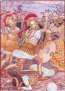 Chocaron contra el ejército persa con tremenda fuerza, ilustración de La Historia de Grecia, años 1930 de Walter Crane