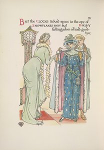 Los invitados a la boda se marchan. Una señora se despide; un hombre la ayuda a ponerse el abrigo. de Walter Crane