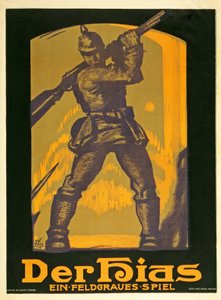 Póster anunciando una obra Der Hias, ein feldgraues Spiel por Heinrich Gilardone, publicado 1917