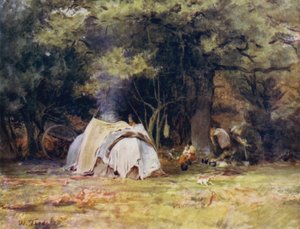 El Nuevo Bosque: El campamento gitano cerca de los Kennels entre Lyndhurst y Minstead (litografía a color)