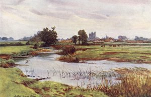 Wessex: The Stour, Wimborne Minster in the distance (litografía en color) de Walter Frederick Roofe Tyndale