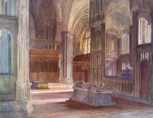 Wessex: El retro-coro, Winchester Catherdral, con los cantorales del Cardenal Beaufort y el Obispo Waynflete (litografía en color) de Walter Frederick Roofe Tyndale