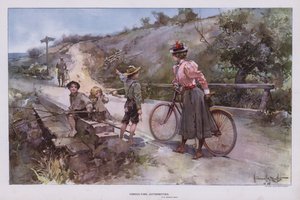 Consultando Autoridades: mujer en un paseo en bicicleta pidiendo direcciones a un grupo de niños