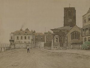 Muelle de carbón de Alldins y la vieja iglesia de Chelsea, Londres