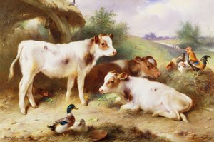 Terneros y Aves de Corral junto a un Establo de Walter Hunt